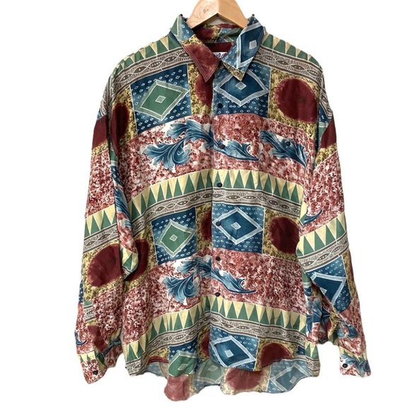 Vintage Other - SOLD On EB-AY Vintage 100% Silk Geometric Earth Tone Button Down Shirt Unisex